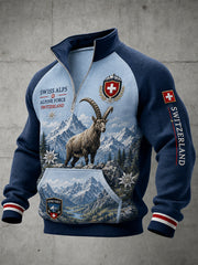 Herren-Raglanärmel-Zip‑Up‑Oberteil mit Souvenir‑Print im Vintage‑Stil – verschneite Bergwelt