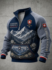 Herren-Raglanärmel-Zip‑Up‑Oberteil mit Souvenir‑Print im Vintage‑Stil – verschneite Bergwelt