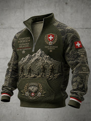 Herren-Raglanärmel-Zip‑Up‑Oberteil mit Souvenir‑Print im Vintage‑Stil – verschneite Bergwelt
