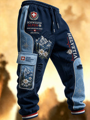 Herren-Freizeithose mit nostalgischem Motiv der verschneiten Berge