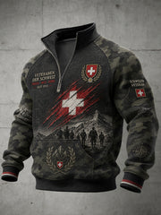 Herren-Raglanärmel-Zip‑Up‑Oberteil mit grafischem Vintage‑Military‑Print