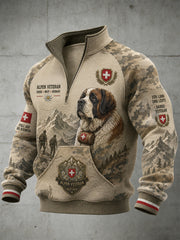 Herren-Raglanärmel-Zip‑Up‑Oberteil mit grafischem Vintage‑Military‑Print