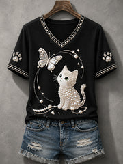 Damen-Liebevoll Katzen-Print lässiges V-Ausschnitt-T-Shirt für Katzenliebhaberinnen