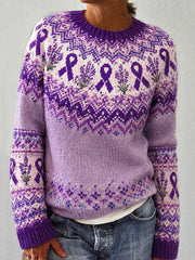 Damenpullover mit lässigem Langarm-Design, bedruckt mit violetten Blüten und einem violetten Wohltätigkeitsband