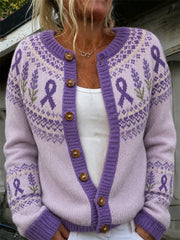 Damen lila Blume und lila Charity Ribbon Muster bedruckt lässige Strickjacke im Stil