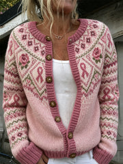Damen Rosa Blume und rosa Charity Ribbon Muster bedruckt lässige Strickjacke im Stil
