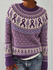Damenpullover mit lässigem Langarm-Design, bedruckt mit violetten Blüten und einem violetten Wohltätigkeitsband