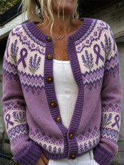 Damen-Strickjacke im Cardigan-Stil mit violettem Blumenmuster und lila Spendenschleifenmotiv, lässig bedruckt