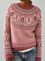 Damen rosa Blume und rosa Charity Ribbon Muster gedruckt lässig lange Ärmel Pullover