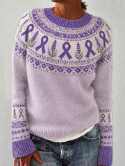Damen lila Blume und lila Charity Ribbon Muster gedruckt lässig lange Ärmel Pullover
