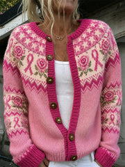 Damen-Strickjacke im Cardigan-Stil mit pinkfarbenem Blumenmuster und rosa Spendenschleifenmotiv