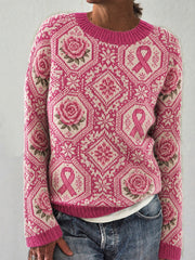 Damenpullover mit pinkfarbenem Blumen- und rosa Spendenschleifenmuster, lässig, langärmlig