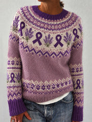Damenpullover mit lässigem Langarm-Design, bedruckt mit violetten Blüten und einem violetten Wohltätigkeitsband