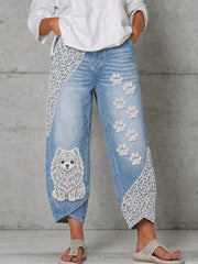 Damen-Hose mit Tier- und Hundemotiv-Druck, ausgestellt