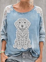Damen-Sweatshirt mit Tier- und Hunde-Print, Rundhalsausschnitt und langen Ärmeln