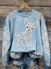 Damen-Tier hund bedrucktes Rundhals-Sweatshirt mit langen Ärmeln