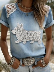 Damen-T-Shirt mit tierischem Hundemuster, im Vintage-Stil, modisch, locker geschnitten, mit kurzen Ärmeln
