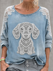 Damen-Sweatshirt mit Tier- und Hunde-Print, Rundhalsausschnitt und langen Ärmeln