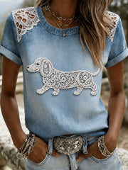 Damen-T-Shirt mit tierischem Hundemuster, im Vintage-Stil, modisch, locker geschnitten, mit kurzen Ärmeln