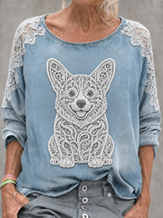 Damen-Sweatshirt mit Tier- und Hunde-Print, Rundhalsausschnitt und langen Ärmeln