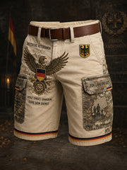 Herren-Vintage-Camouflage-Utility-Shorts mit gedruckter Veteranen-Gedenktafel