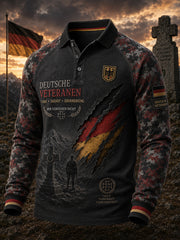 Herren-Vintage-Camouflage-Raglan-Poloshirt mit langen Ärmeln und Gedenkdruck für Veteranen