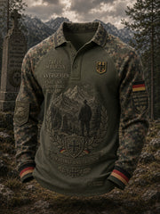 Herren-Vintage-Camouflage-Raglan-Poloshirt mit langen Ärmeln und Gedenkdruck für Veteranen