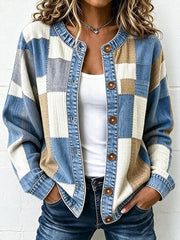 Damen-Jeans-Patchwork-Kunst-Strickjacke mit geometrischem Muster