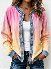 Damen-Strickcardigan im Jeans-Patchwork-Stil mit Streifenmuster