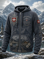 Herren-Vintage-Kapuzenpullover im Alpenstil mit Langarm und durchgehendem Reißverschluss