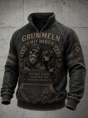Herren-Sweatshirt mit humorvollem Spruch, Halbreißverschluss und Stehkragen