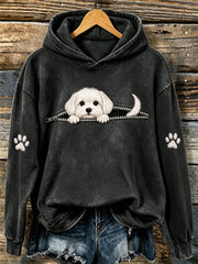 Frauen niedlich Peeking Malteser & Pfoten Print Kapuzen Sweatshirt