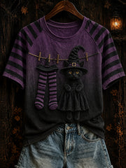 Frauen-Halloween-T-Shirt im Hexenkatzendesign mit kontrastfarbenem Muster und lässigem Kurzarm‑Schnitt
