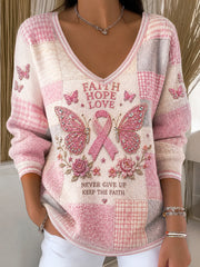 Frauen rosa Brustkrebs Patchwork-Print Casual-Pullover im Stil von V-Ausschnitt
