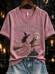 Frauen-Halloween-Deutscher-Schäferhund-Mama-Rosa-Hexe-und-Hund-Print-T-Shirt mit kurzen Ärmeln
