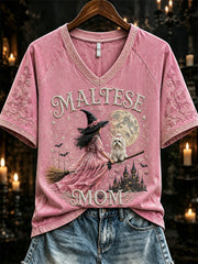 Damen Halloween Malteser Mama Rosa Hexe & Hund Print Kurzarm T-Shirt