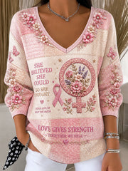 Frauen-Brustkrebs-Bewusstsein Patchwork-Print lässig V-Ausschnitt Pullover-Stil Top