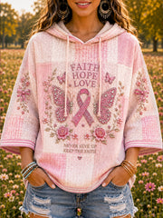 Damen-Sweatshirt mit rosa Patchwork-Brustkrebs druck mit lässiger Kapuze