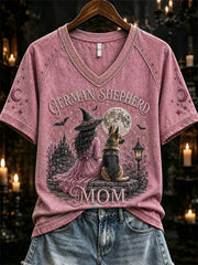 Damen Halloween Deutscher Schäferhund Mama Rosa Hexe & Hund Print Kurzarm T-Shirt