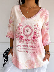 Frauen rosa Brustkrebs-Print lässig Baumwolle-Leinen V-Ausschnitt T-Shirt