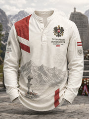 Herren-T-Shirt im österreichischen Militärstil mit Aufdruck und Knöpfen, lässig geschnitten