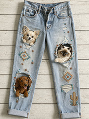 Lässige Damenjeans mit Vintage-Tier-Print