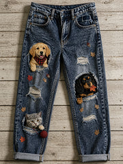 Lässige Damenjeans mit Vintage-Tier-Print