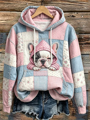 Damen-Kapuzenpullover mit niedlichem, schläfrigem Französisch-Bulldoggen-Patchwork-Art-Print