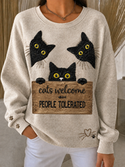 Damen-Sweatshirt mit süßem Katzen-Print, gerippt und mit Rundhalsausschnitt
