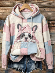 Damen-Kapuzenpullover mit niedlichem, schläfrigem Französisch-Bulldoggen-Patchwork-Art-Print