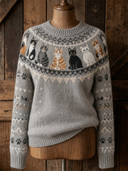 Damen-Vintage-Strickpullover mit Katzen‑Motiv und Isle‑Muster, kuschelig, Rundhalsausschnitt