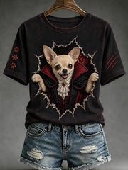 Weibliches Halloween-Vampir-Hund-Print Vintage-Mode lockeres Kurzarm-T-Shirt