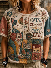 Damen-Cat-Patchwork-Print-Lässiges T-Shirt