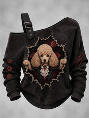 Damen Halloween Vampir Hund bedruckt eine Schulter Waffel lässig Sweatshirt